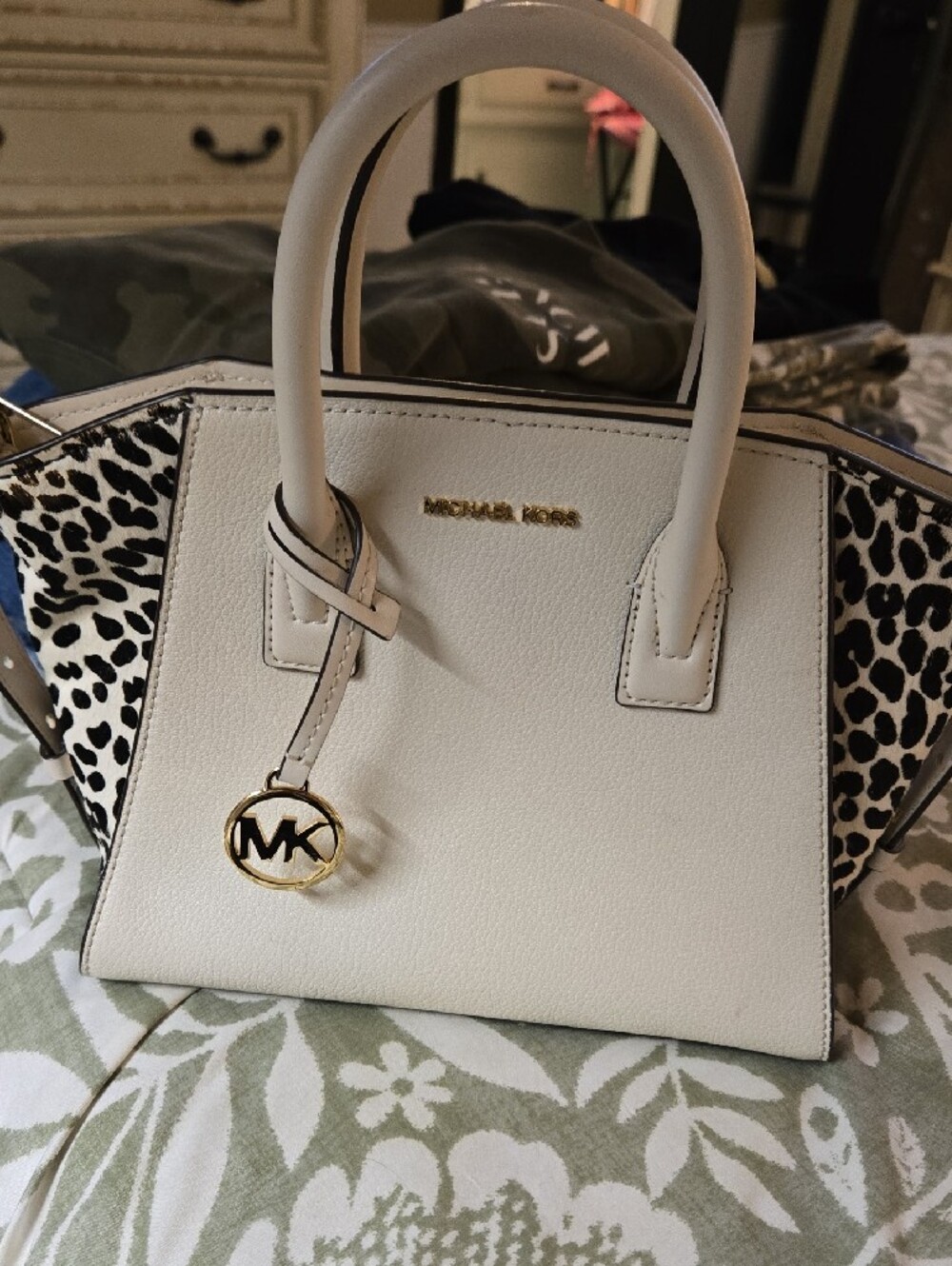 Michael Kors White Satchel with Black Animal-Print Panels